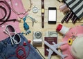 Travel concept, Set of clothes and accessory for female travele Royalty Free Stock Photo