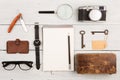 travel concept - set of cool stuff with camera and other things on wooden table Royalty Free Stock Photo