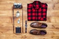 Travel concept shirt, camera, shoes, flask, lighter,watch, perfume Royalty Free Stock Photo