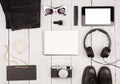 Travel concept - shoes, jeans, tablet pc, camera, headphones, no