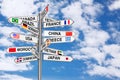 Travel Concept. Signpost with Various Countries Names and Flags. 3d Rendering