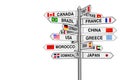 Travel Concept. Signpost with Various Countries Names and Flags. 3d Rendering