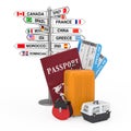 Travel Concept. Signpost with Various Countries Names and Flags near Passport, Airline Boarding Pass Tickets and Ready to Fly