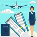 Travel concept with stewardess woman in blue uniform, flight tickets, passport, airplane in the sky on background. Vector illustra