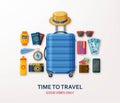 Travel concept with suitcase, sunglasses, hat, camera and compass on white background. Good vibes only