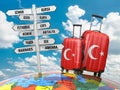 Travel concept. Suitcases and signpost what to visit in Turkey.