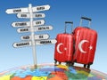 Travel concept. Suitcases and signpost what to visit in Turkey.