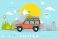 Travel Concept Summer Vacation Tourism Journey Symbol Car Forest City Flat Design Icon Template Vector Illustration