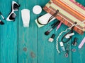 Travel concept - summer women set with straw bag, sunglasses, co