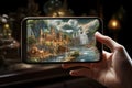 travel concept - tourist taking photo of famous castles on smartphone screen at night, Augmented reality with blend of traditional