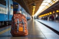 Travel concept A traveler with a blue backpack, Scott shirt, hat, and luggage at the train station Royalty Free Stock Photo