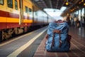 Travel concept A traveler with a blue backpack, Scott shirt, hat, and luggage at the train station Royalty Free Stock Photo