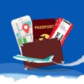 Travel concept vector illustration background. Vacation tourism trip airplane with ticket, map, suitcase, passport. Flight Royalty Free Stock Photo