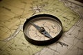 Travel concept of vintage compass on old and aged map. Generative AI Royalty Free Stock Photo