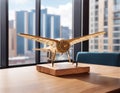 travel concept : Vintage Wooden Airplane on Rustic Table behind skyscraper