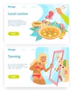 Travel concept. Woman with sunburn, local traditional cuisine, beach holiday. Vector web site design template. Landing