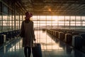 Travel concept. Young woman seen from back, holding luggage at the airport