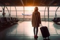 Travel concept. Young woman seen from back, holding luggage at the airport