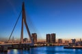 Amazing Cool View of Rotterdam Skyline with Erasmus Bridge on Foreground During Blue Hour.