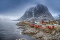 Travel Concepts and Ideas. Traditional Fishing Hut Village in Hamnoy Mountain Peak in Lofoten Islands , Norway Royalty Free Stock Photo