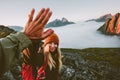 Travel couple friends giving five hands outdoor Royalty Free Stock Photo