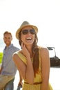 Travel couple, road trip car park and happy woman on holiday adventure, transportation journey or fun summer vacation Royalty Free Stock Photo