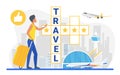 Travel crossword, cartoon traveler tourist character standing next to crossword puzzle