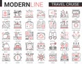 Travel cruise complex thin red black line icon vector illustration set. Outline tourism mobile app symbols of traveling Royalty Free Stock Photo