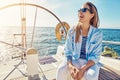 Travel, cruise and woman on yacht for holiday, summer vacation and weekend getaway in Italy. Travelling lifestyle, ocean Royalty Free Stock Photo