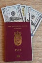 TRAVEL DECUMENTS_EUROPEAN PASSPORT_DOLLARS Royalty Free Stock Photo