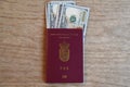 TRAVEL DECUMENTS_EUROPEAN PASSPORT_DOLLARS Royalty Free Stock Photo
