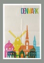 Travel Denmark landmarks skyline vintage poster