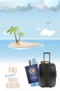 Travel design with island, sea, suitcase and passport