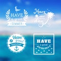 Travel design set of summer vacation logo. Ocean backdrop. Vector. Editable. Blurred. Typography label, Lettering, Typography quot