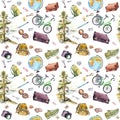 Travel design, tourist equipment - compass, backpack, bicycle, photo camera. Watercolor tourism design. Seamless pattern