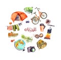 Travel design, tourist poster. Tent, camp fire, pot, cup, compass, bicycle, backpack, other touristic elements. Hand