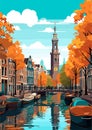 Travel Destination in Amsterdam Netherlands vintage print. holidays concept