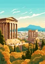 Travel Destination in Athens Greece vintage print. holidays concept
