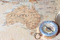 Travel destination Australia, ancient map with vintage compass Royalty Free Stock Photo