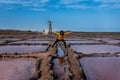 Woman does funny poses in the Salinas de Pozo Izquierdo. Aguimes. Gran Canaria. Las Palmas. Canary Islands. 3 Royalty Free Stock Photo