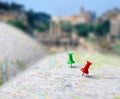 Travel destination map push pins blur Royalty Free Stock Photo