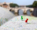 Travel destination map push pins blur Royalty Free Stock Photo