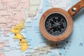 Travel destination North and South Korea, map with compass Royalty Free Stock Photo