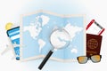 Travel destination Qatar, tourism mockup with travel equipment and world map with magnifying glass on a Qatar