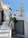 Narrow street of Pyrgos in Santorin, Cyclades island, Greece. Royalty Free Stock Photo