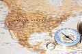 Travel destination United States, ancient map with vintage compass Royalty Free Stock Photo