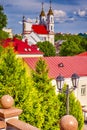 Travel Destinations. Cityscape of Vitebsk With Resurrection Cathedral in Background and Line of Ancient Red Roofs Buildings in