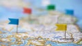 Travel destinations in North America marked with pins on world map, tourism