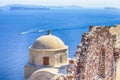 Travel Destinations. Sailing Boats Floating In Front Ancienta Pale Greek Church in Oia Village in Santorini