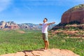 Travel in Devil's Bridge Trail, scenic view panoramic landscape in Sedona, Arizona, USA. Happy young man on the Royalty Free Stock Photo